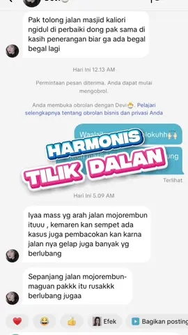 🚧 Harmonis Tilik Dalan 🚧 Kami hadir untuk menampung setiap laporan masyarakat terkait kondisi jalan di Kabupaten Rembang. Melalui segmen ini, laporan yang masuk akan kami tinjau langsung di lapangan, lalu diteruskan ke Dinas Pekerjaan Umum agar dapat masuk dalam prioritas pembangunan infrastruktur jalan. Terima kasih atas partisipasi masyarakat, bersama kita wujudkan jalan Rembang yang lebih baik! 💪 #rembangbangkit #harnohanies #rembangsejahtera #pakdheharno #gushanies 