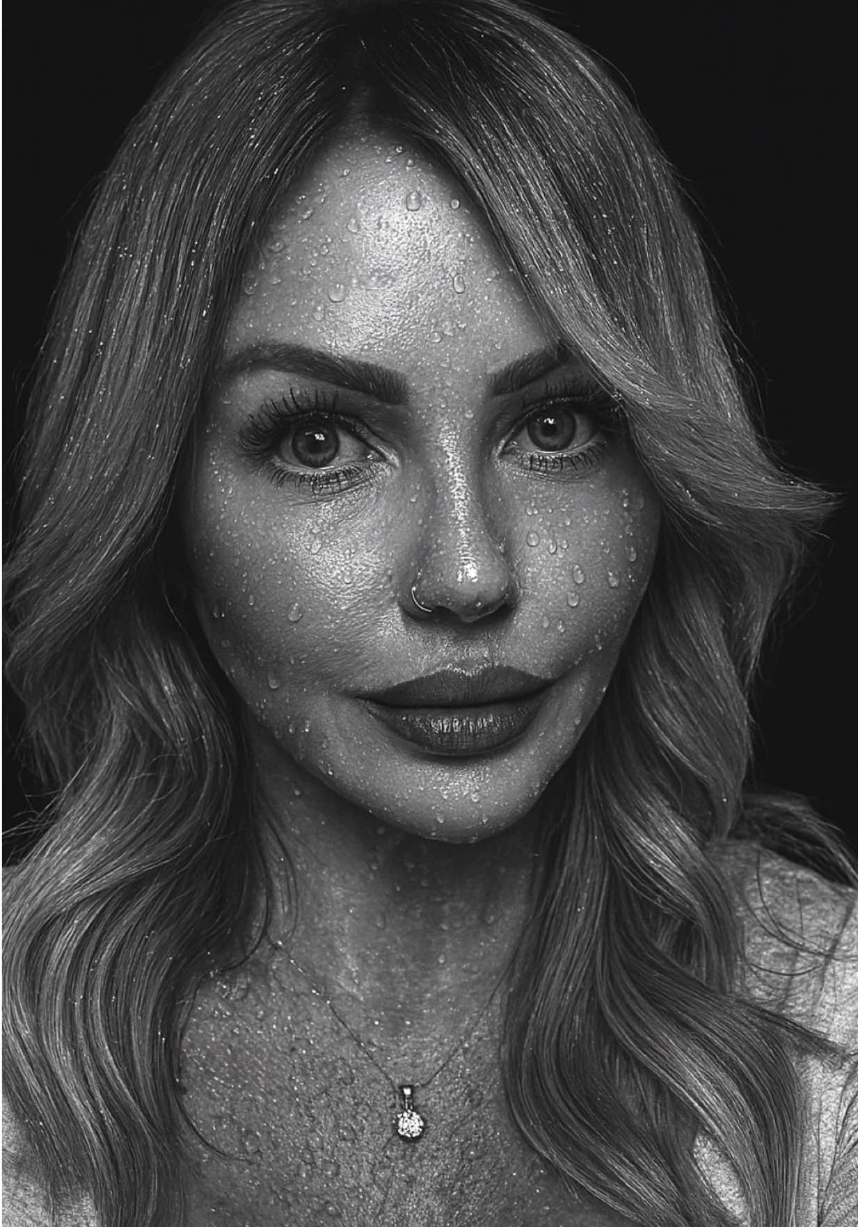 Prompt: Edit photo but keep face 100 percent me, Convert to black-and-white, hair visible in lighter grayscale tones, Add realistic water droplets skin, Enhance sharpness, replace background with solid black, 4:3 portrait ratio close-up, stoic expression. 