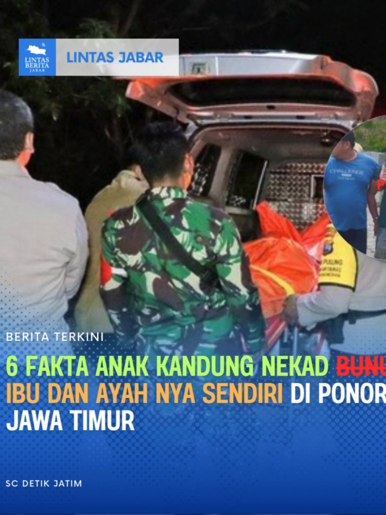 6 fakta Anak kandung nekad bunuh ibu dan ayah nya sendiri di ponorogo jawa timur Pasangan suami istri di Desa Pomahan, Kecamatan Pulung, Ponorogo, ditemukan tewas di dalam rumahnya. Peristiwa memilukan ini diduga dilakukan anak kandung korban sendiri yang selama ini tinggal bersama mereka. Kasus ini menyita perhatian warga karena kedua korban, Kaseno (65) dan Sarilah (60), ditemukan dengan luka di kepala bagian belakang. Polisi sudah mengamankan pelaku dan masih melakukan pendalaman terkait motif. 1. Korban Ditemukan Anak Sulung Jenazah Kaseno dan Sarilah pertama kali ditemukan oleh Harti, anak sulungnya, yang curiga karena dihalang-halangi adiknya saat hendak menengok orang tuanya. 