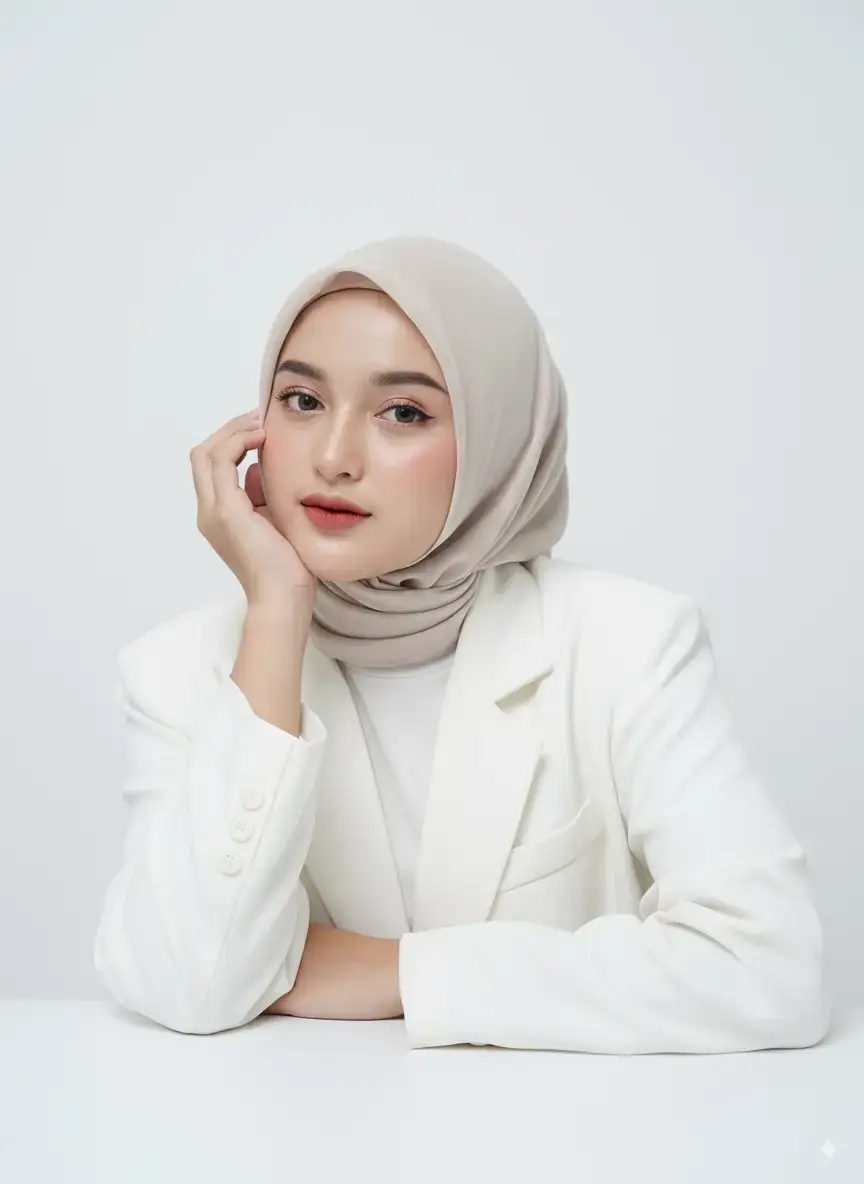 Lakukan pemotretan saya di studio dengan latar belakang putih polos. Ia mengenakan blazer putih ​​kebesaran yang sederhana, iner putih, memberikan kesan elegan dan minimalis. Kenakan hijab square oat putih. Riasan natural yang segar, dengan fokus pada mata yang tegas, alis yang rapi, perona pipi yang lembut, dan bibir merah muda alami, menciptakan tampilan feminin dan sempurna. Warna kulitnya cerah. Wanita itu berpose dengan kepala disangga di atas meja putih, menatap kamera dengan ekspresi lembut dan memikat. Komposisinya adalah foto close-up setengah badan, menampilkan kulitnya yang cerah, halus, dan bercahaya. Pencahayaan studio profesional digunakan dari atas dan depan, menghasilkan cahaya yang lembut dan merata tanpa bayangan yang keras, menonjolkan detail wajah dan tekstur kulit. Suasana keseluruhan foto ini bersih, modern, dan estetis, sempurna untuk pemotretan produk kecantikan atau perawatan kulit premium. Gaya foto: Fotografi kecantikan, tampilan studio yang bersih, minimalis, pencahayaan yang terang. Kata kunci tambahan: elegan, segar, kulit bercahaya, fotografi potret, feminin, pemotretan studio, latar belakang minimalis, model kecantikan, pencahayaan profesional. Tolong jangan ubah wajah asliku. #geminiAI #trendgeminiai #fyp 