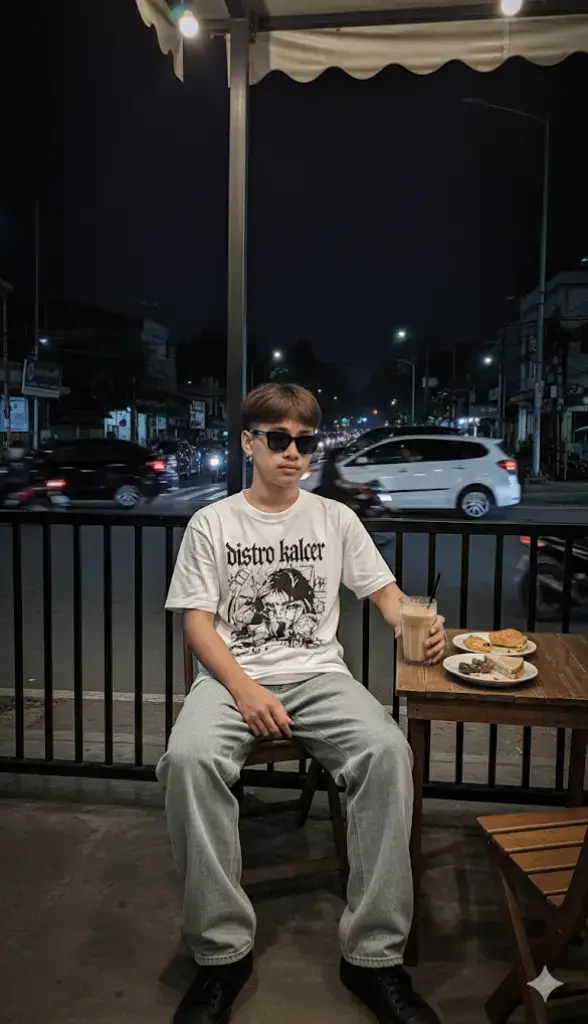 prompt nya Edit foto ini menjadi; Memakai kaos distro kalcer, celana baggy jeans, rambut model low fade agak coklat, memakai kacamata gorpcore, pose duduk memegang minuman, di depan nya ada meja dan beberapa makanan, dengan gaya cool elegan edgy nuansa misterius dan kece. Background di Coffe Shop outdor pinggir jalan dengan pagar pembatas warna hitam dan pakai atap dengan pemandangan Jalan di raya belakangnya dengan suasana ramai mobil dan motor, suasana malam hari yang gelap, buat kulitnya tidak terlalu halus dan ada pori pori nya, buat tingkat realistis yang sangat tinggi sehingga menyerupai manusia nyata/asli dan buat foto nya amatir seperti difoto menggunakan Hp Android (Low Quality) yang belum mendukung efek bokeh, foto full body kelihatan seluruhnya masuk ke frame tanpa merubah wajah #masukberanda #trend #ai #cafe #fyppppppppppppppppppppppp  .