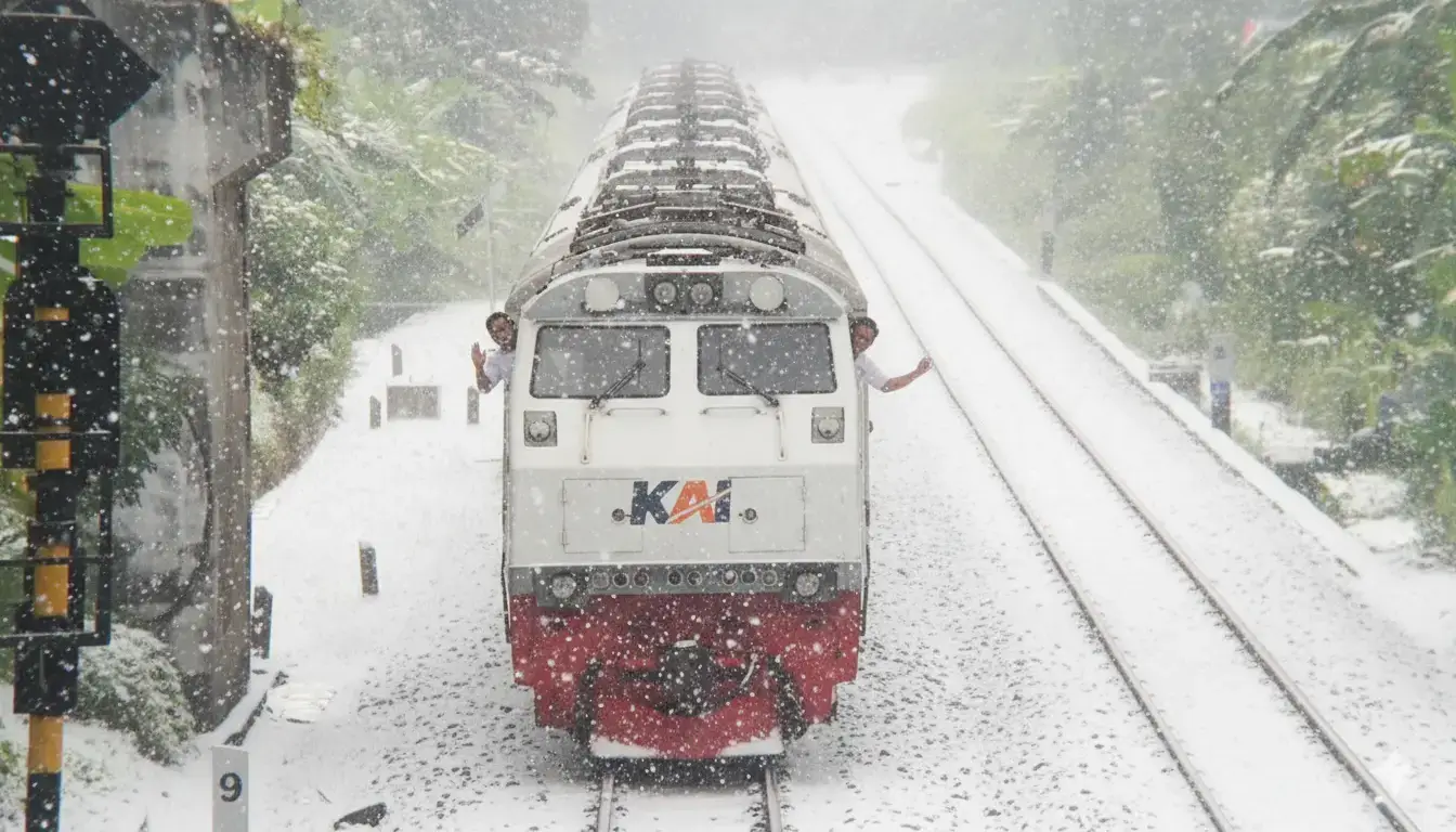 ini prompt nya, Buat gambar ini seperti musim dingin dengan salju yang sangat lebat turun atmosfer nya juga harus anda tambahkan lampu kereta juga harus bercahaya dan semua area hijau serta rel harus tertutup salju di bagian paling bawah kereta dan atap kereta juga harus ada sedikit bercak salju
