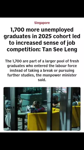 SINGAPORE: Fresh graduates in 2025 are feeling stronger competition in their job searches partly because more in their cohort are entering the job market immediately after graduation, Manpower Minister Tan See Leng said on Tuesday (Sep 23). There were about 2,400 more fresh graduates who had entered the labour force instead of taking a break or pursuing further studies as of June, compared to the same time last year, he told parliament. #unemployment #graduates  #singaporean #jobless #singapore 