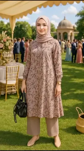 Manis dan elegan! Outfit bernuansa soft beige dengan motif daun ini memberi kesan kalem, anggun, dan cocok untuk acara outdoor yang penuh kehangatan. ✨👜 #OOTDHijab #ModestFashion #ElegantStyle #NeutralOutfit #FashionInspo