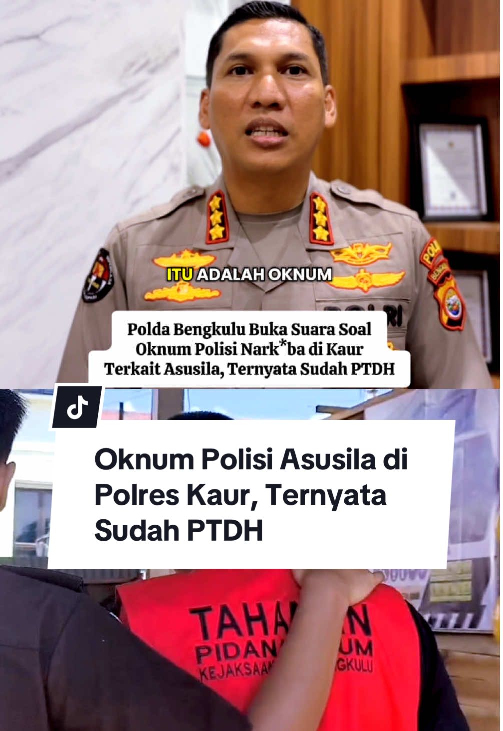 Polda Bengkulu mengonfirmasi bahwa terduga kasus asusila di Kabupaten Kaur, berinisial B-R, bukan lagi anggota aktif Polri. Mantan penyidik Satresnarkba Polres Kaur itu telah diberhentikan tidak dengan hormat (PTDH) sejak tahun 2024. “Sudah dilakukan PTDH itu mas, bukan anggota Polri lagi. Dari tahun 2024 lalu,” ujar Kabid Humas Polda Bengkulu, Kombes Pol Andy Pramudya, S.I.K., Selasa (23/9). Andy menambahkan, B-R sempat mengajukan banding atas putusan PTDH, namun ditolak. Ia menegaskan Polda Bengkulu berkomitmen tidak memberi toleransi terhadap anggota yang terjerat perkara hukum, khususnya narkba dan asusila. Sebelumnya, publik dihebohkan laporan seorang perempuan berinisial A-N (20), tersangka kasus penangkapan  sabu, yang mengaku menjadi korban perbuatan asusila oleh B-R saat menjalani proses hukum di Polres Kaur pada Juli 2024. Kasus tersebut kemudian dilaporkan orang tua korban ke Ditreskrimum Polda Bengkulu di Subdit Renakta pada 22 November 2024. Saat ini, Kasi Pidum Kejari Bengkulu, Dr. Rusydi Sastrawan, SH., MH., menyatakan bahwa B-R telah ditahan di Rutan Malabero Bengkulu untuk menjalani proses hukum atas dugaan kasus asusila tersebut. @Polda Bengkulu #ptdh #asusila #poldabengkulu #oknum #sabu 