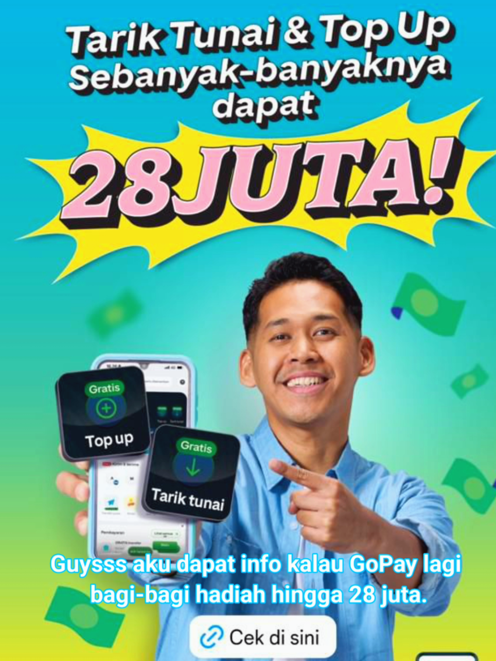 guyss ada info ni klu GoPay lagi bagi-bagi hadiah sebesar 28 juta, cara dapat nya gampang bgt cukup tarik tunai / topup saldo GoPay mu di Alfamart/alfamidi/indomart sebanyak banyaknya yuk buruan ikutan siapa tau kamu jd pemenang nya @GoPay Indonesia  #GoPay #bebasbiayaadmin