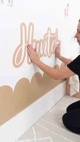 Mixing and matching decals is where the magic happens ✨ Here I’ve layered a scallop border, soft neutrals, and a playful animal scene to build a playroom look that feels extra special.  And that name decal right at the bottom? Such a smart little touch. Not only different, but also a fun way for little ones to connect with their very own name 🤎 #nurseryinspo #walldecals #diydecor #nurseryideas #kidsroomdecor 