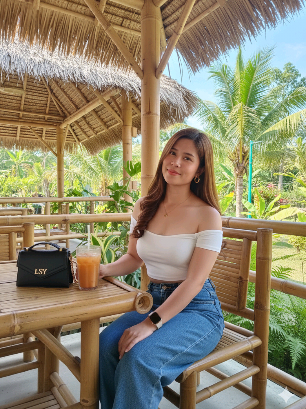 GEMINI AI PROMPT 🔥  A portrait photo of a beautiful young Filipina woman in a straight brownish curly hair and mini white croptop and blue jeans outfit sitting on a bamboo chair at a tropical outdoor cafe. She is 31 years old, with fair skin, height 156cm,weight 53kg, oval shaped face,with pointed chin, and sexy body. She posed and smiling softly while ice tea with a straw with a black LSY mini bag gold gold on the dining table and gold accessories necklace & earrings and bracelet. The setting features traditional bamboo architecture with a thatched roof, tropical plants, and warm natural sunlight. The atmosphere is relaxed, natural, and tropical with clear blue skies and soft shadows.and a watch on her wrist, creating a casual and stylish vacation vibe, don't change the face. #aiprompt  #geminiai  #fyp  #trending 