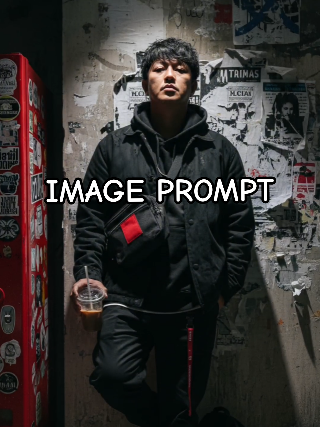 ⬇️ Prompt Gemini AI ⬇️ Step 1: Open your Gemini AI Step 2: Upload your photo Step 3: Copy paste this text Ultra-realistic 3:4 portrait of the uploaded user’s face (no alterations, 100% preserved) styled as a Filipino man in striking urban street fashion. The user has shaggy messy black hair, a small earring in the left ear, and a thin silver chain necklace. Outfit: layered black hoodie with an oversized black jacket, loose black pants with small red straps at the bottom, and gray-white sneakers with black laces. He carries a black sling bag at his waist with a bright red pouch hanging, holding a clear plastic cup of iced brown drink with straw in his right hand. At his feet lies another drink cup, with a black backpack placed beside him. Background: leaning against a worn, grimy building wall covered in posters and stickers. To his left, a bright red vending machine covered with stickers creates contrast. Lighting: overhead spotlight, highlighting his hair and face, with sharp shadows along his body, giving a moody mysterious atmosphere. Aspect Ratio: 3:4. Ultra-detailed, cinematic, street-photography style. #geminiai #aiprompt #trending #viraltiktok #fyp 