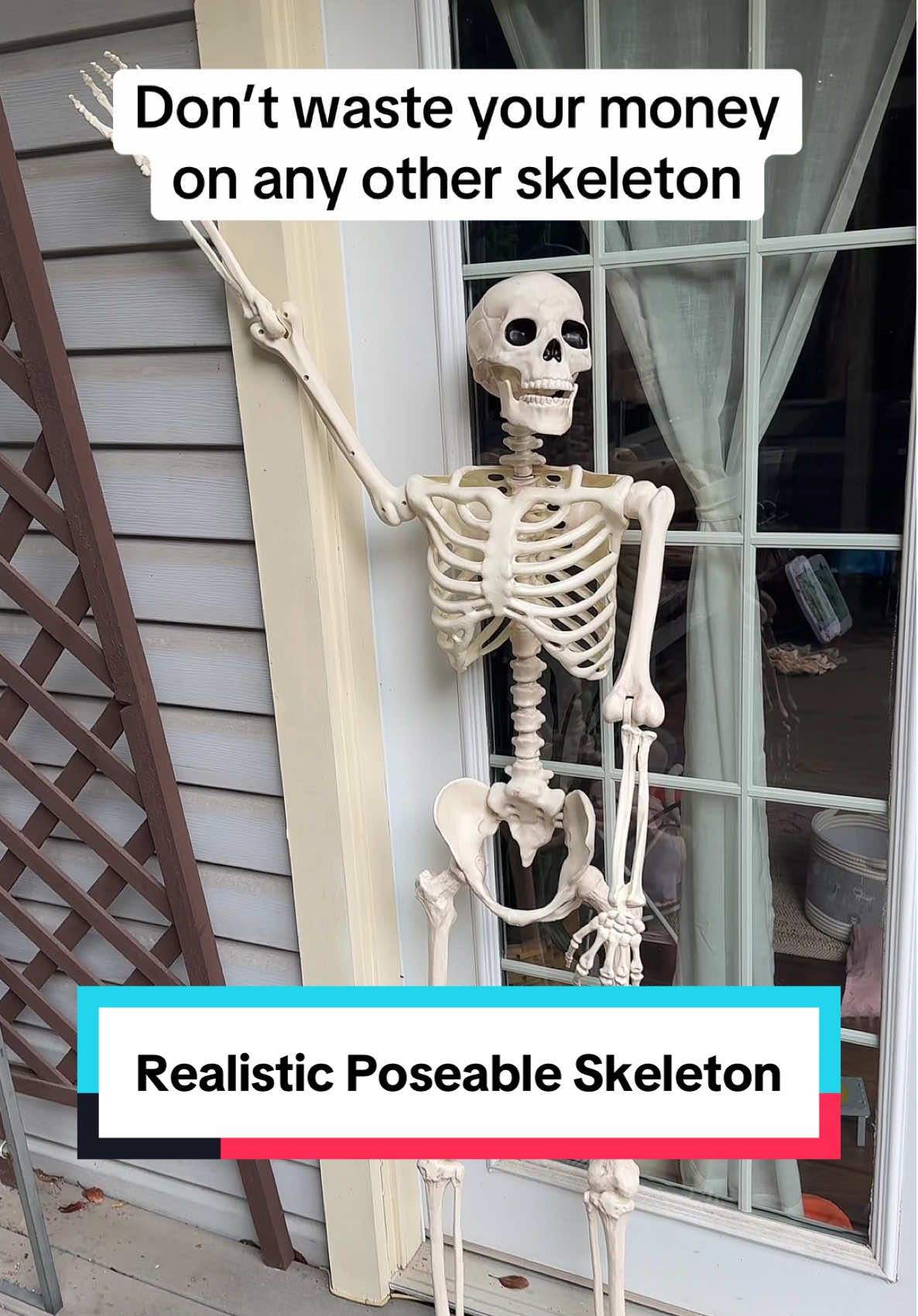 This realistic poseable skeleton is ESSENTIAL for spooky season. My favorite Halloween decor of 2025!  #skeleton #halloweendecor #halloweendecorations #spookyseason #tiktokshophalloween 