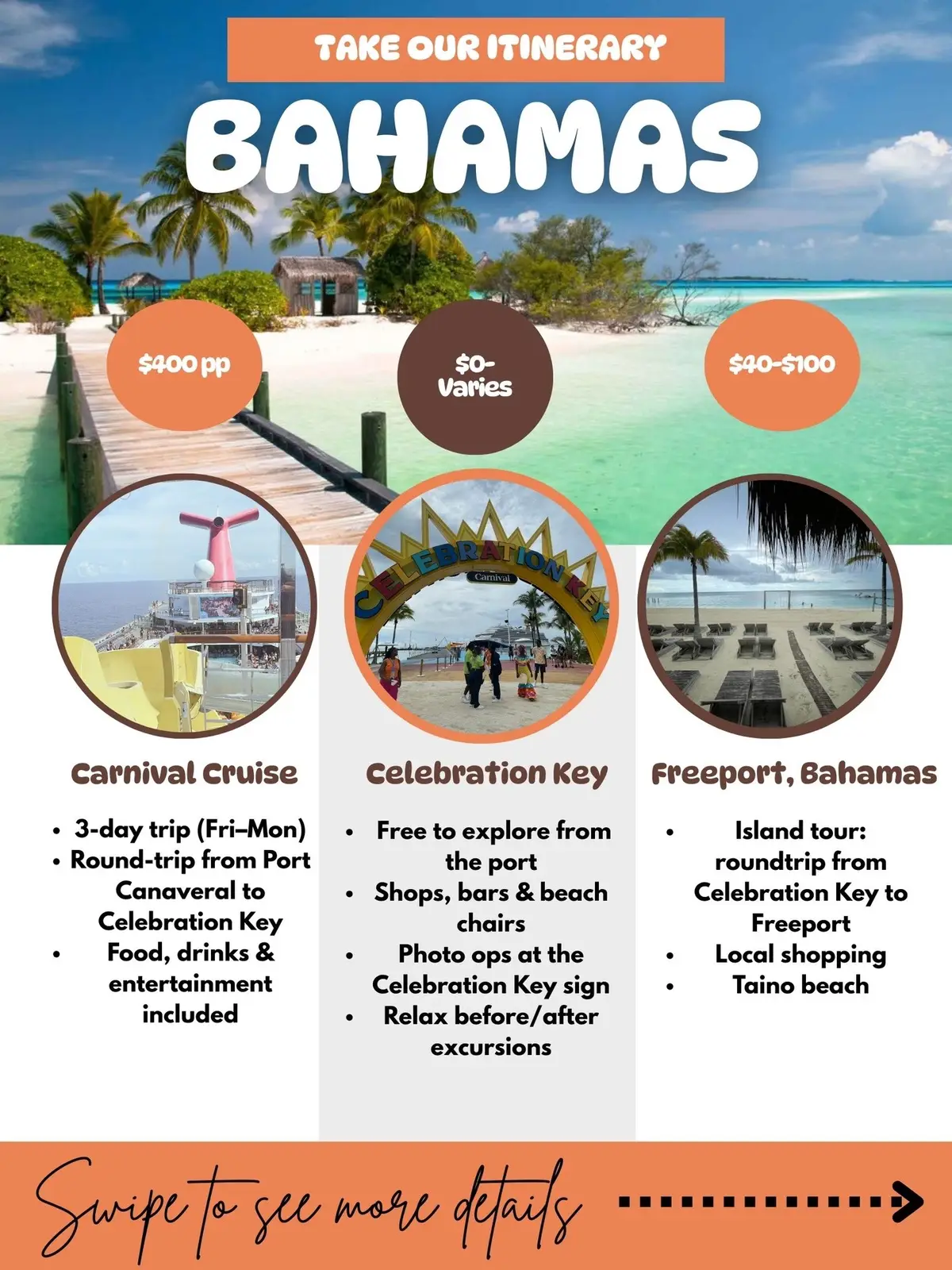Follow our itinerary!! #bahamas #freeport #celebrationkey #carnivalcruise #jentheegenie 