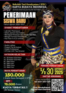 DARI RAKYAT UNTUK RAKYAT  *TELAH DIBUKA.......!!!* *SEKOLAH TARI KERAKYATAN  KARYA BUDAYA INDONESIA* Dulu kami hadir di panggung untuk menghibur, Kini kami hadir di kelas untuk berbagi ilmu. 💃 Mari menari bersama di **Sekolah Tari Kerakyatan  Karya Budaya Indonesia**! 📍 Daftar sekarang, kuota terbatas! Cara Mendaftar: Scan Barcode pada poster pendaftaran atau klik tautan di bawah ini. Link Pendaftaran: https://forms.gle/YWvYjCRkRjbw6Hxa8 Admin: 082372857600 (Tarno)