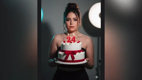 Foto de aniversário  profissional com IA  Gere uma imagem usando esta foto com base no texto abaixo “A mulher segura um bolo de aniversário de dois andares, com cobertura branca e decorado com laços de fita vermelha e cerejas frescas. Duas velas vermelhas, uma em formato do número 