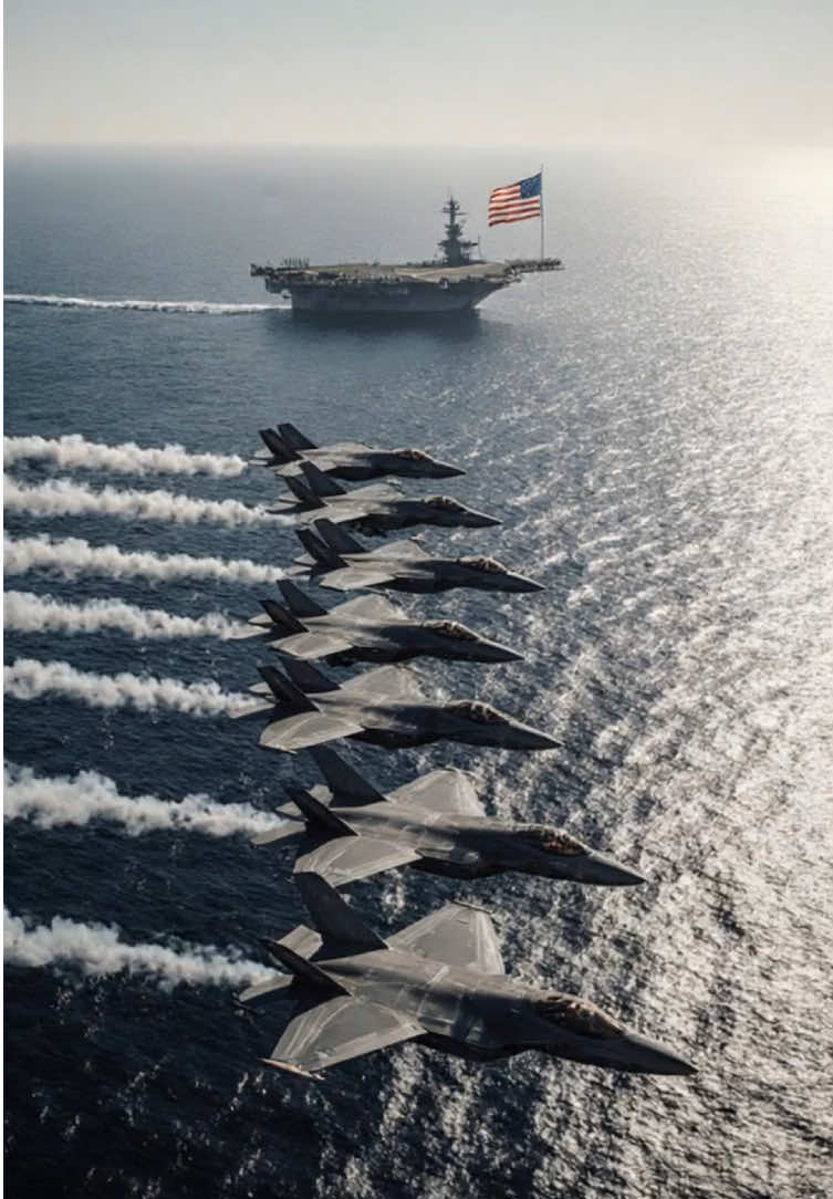 U.S. pilots line up on the carrier deck as their jets roar behind them and the American flag waves high. #usaf #USA #patriot #military