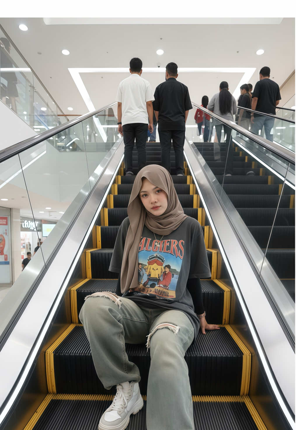 Siapa yang kalo ke mall rasanya pengen banget difoto di tangga eskalator tapi malu diliatin orang??? Nih pake google gemini aja bisa buat kita pose apapun di tangga eskalator 😂😭😭 Prompt 👉 Aku duduk swag di tangga eskalator mall dengan pakaian anak skena, pertahankan wajah dan style hijabku sama seperti foto referensi, dibelakang ku ada beberapa orang yang membelakangi ku (blur) . Aku difoto dari atas menggunakan kamera ulra wide high quality dengan resolusi tinggi #promptai#geminiai#tutorgemini#foryou#fyppppppppppppppppppppppp 