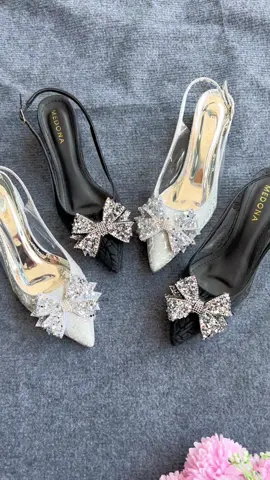 Giày cao gót đính nơ đá chất kim tuyến lấp lánh, đế vuông 5-7 phân Medona#medona #giaycaogot #giayditiec #giaydevuong5phan #xuhuong 