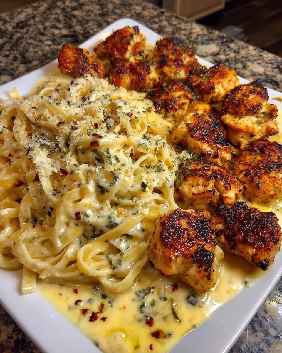 Cajun Garlic Butter Chicken Alfredo with Three-Cheese Linguine Ingredients: 4 boneless, skinless chicken breasts, cut into 1-inch cubes 2 tablespoons olive oil 4 tablespoons garlic butter 2 tablespoons Cajun seasoning 1 teaspoon smoked paprika 1/2 teaspoon salt 1/4 teaspoon black pepper For the Linguine: 1 pound linguine pasta 6 tablespoons butter 4 cloves garlic, minced 4 tablespoons all-purpose flour 3 cups heavy cream 4 ounces cream cheese, softened 1 cup Velveeta cheese, cubed 1 cup mozzarella cheese, shredded 1/2 cup grated Parmesan cheese 1 teaspoon salt 1/2 teaspoon black pepper 1/4 teaspoon red pepper flakes (optional) Directions: Prepare the Chicken: In a bowl, toss the chicken cubes with olive oil, garlic butter, Cajun seasoning, smoked paprika, salt, and pepper. Heat a large skillet over medium-high heat. Add the chicken and cook until golden brown and cooked through, about 6-8 minutes. Set aside. Cook the Linguine: Cook the linguine according to package directions until al dente. Drain and set aside. Make the Alfredo Sauce: In a large saucepan, melt the butter over medium heat. Add the minced garlic and cook until fragrant, about 1 minute. Whisk in the flour until smooth. Gradually pour in the heavy cream, whisking constantly to prevent lumps. Bring to a simmer, then reduce heat to low. Add the Cheeses: Stir in the softened cream cheese, Velveeta cheese, mozzarella cheese, and Parmesan cheese. Continue stirring until all the cheeses are melted and the sauce is smooth and creamy. Season with salt, pepper, and red pepper flakes (if using). Combine: Add the cooked linguine to the cheese sauce and toss to coat evenly. Serve: Divide the cheesy linguine among plates. Top with the Cajun garlic butter chicken. Serve immediately. Cooking Time: 30 minutes | Servings: 6 | Calories: 850