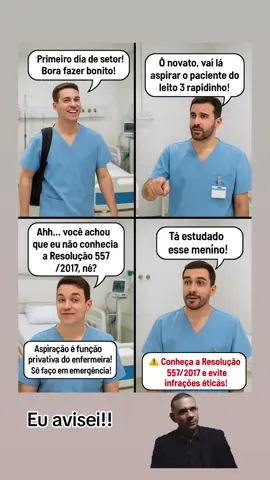🚨 Primeiro dia de setor e o novato já chega dando aula! 😂👏 📌 Aspiração é função privativa do enfermeiro! Só em emergência! ⚠️ Conheça a Resolução 557/2017 e evite infrações éticas! #CódigoDeÉticaDeEnfermagem #FunçãoPrivativa #PlantãoDeEnfermagem #Enfermary2025 #HumorDePlantão