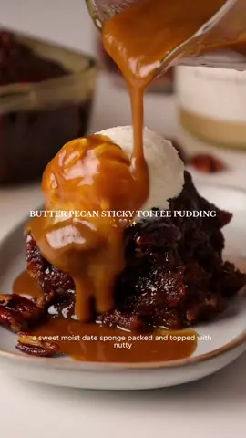 Butter pecan sticky toffee pudding 🤎 A sweet moist date sponge packed and topped with buttery pecans. Covered in an indulgent sticky toffee sauce, the pecans turn toasty and caramelised for that classic butter pecan flavour. Served warm, its gooey and comforting, sweet with a hint of nutty flavour.  This recipe is part of my exclusive subscription content and can be accessed via a subscription here or on my website. Please see the link in my bio 🫶🏼 #egglessbaking #dairyfreerecipes #eggless #dairyfree #baking     