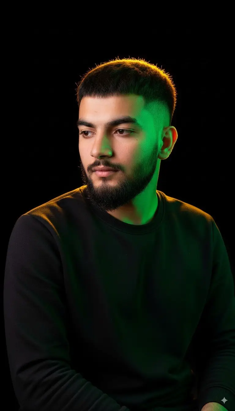 Ultrarealistic artistic portrait of the model in the reference photo, preserving all real features. [uploaded image], [do not alter the face in the submitted photo], wearing a stylish black sweatshirt, hair glowing with golden backlighting, contrasted by cool green light on the face and chest, against a deep black background. The model is posed slightly in profile, head turned gently to the side with a thoughtful expression, avoiding direct eye contact with the camera.##chatgpt##gemini##prompt##edit##fyppppppppppppppppppppppp