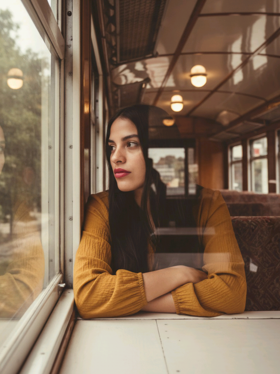 Crea tu propia fotografía con calidad de estudio usando Gemini AI.  Prompt en los comentarios. Use the uploaded photo as a reference for facial features, pose, and identity. Generate a hyperrealistic editorial-style image of the same person sitting by the window inside a vintage train or tram. The subject wears a mustard-colored long-sleeve blouse. Their arms are crossed on the window ledge, and they gaze contemplatively outside. The photo is taken through a window, so include a subtle glass reflection overlaying the subject and interior. The train features white-framed windows and a reflective ceiling. The camera angle is slightly diagonal, capturing the subject from the side, with soft natural light entering through the window and illuminating the face and blouse. Do not remove skin texture, or any natural imperfections—preserve all real-life details to maintain authenticity and likeness. Lighting: natural daylight, warm and soft. Emphasize reflections and subtle shadows. Camera simulation: 35mm lens, f/2.8, ISO 400. Moderate depth of field to keep the subject sharp while softly rendering the background. Color grading: warm tones with a slightly muted vintage palette. Highlight the mustard blouse and natural skin tones. Mood: introspective, poetic, timeless. The subject feels immersed in thought, surrounded by a quiet, reflective space. #photostudio #inteligenciaartificial #prompt #geminiai 