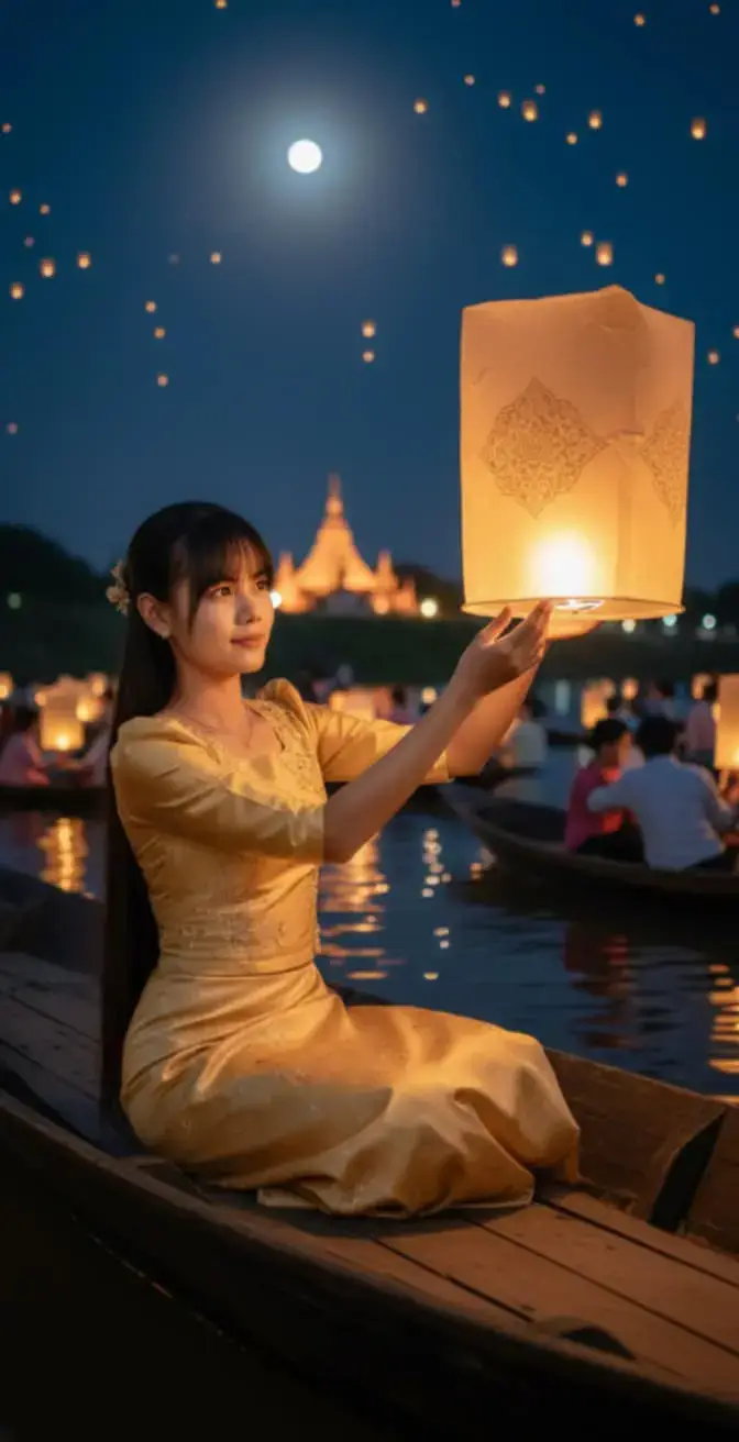 A photorealistic portrait of a man in traditional Myanmar dress, Soft blue shirt and black longyi, holding an oil lamp during Thadingyut Festival night. The man's face should exactly match the reference photo. He is surrounded by glowing lanterns and colorful festival lights, with some hot-air lanterns floating into the dark night sky. The background shows a lively Thadingyut night scene, with warm golden light illuminating her face and hands. Ultra realistic, highly detailed, cinematic lighting, 8K resolution, vertical composition, aspect ratio 9:16, natural skin texture,pure natural photo