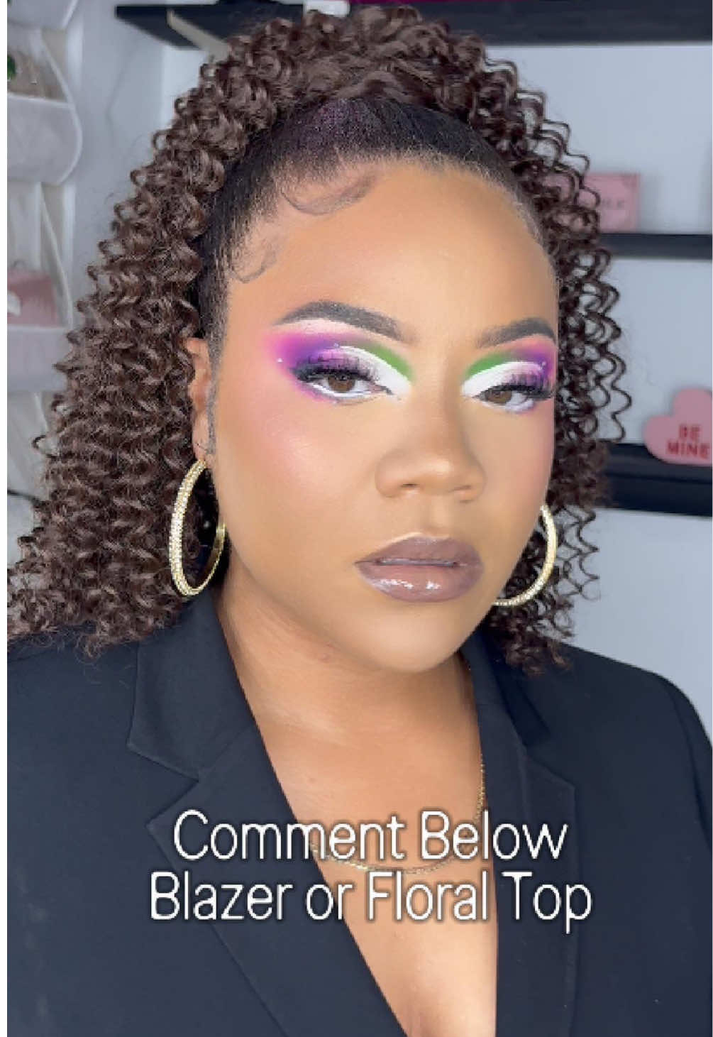 Sometimes the glam just speaks louder than the outfit 👀✨ Had to switch it up to let the eyes shine. Comment Below 👇🏽 Which one sets the vibe: Floral Top or Black Blazer?” 🔥 #makeup #pink #cutcrease #creativemakeup #green 