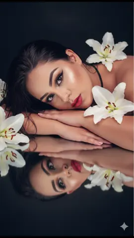 Foto Gemini, texto: Um retrato de filho de uma linda mulher acostada elegantemente junto a lirios brancos, sua cabeza descansando suavemente sobre seus braços, de olhos abertos e olhando para frente com olhar sedutor se reflete perfeitamente em uma superfície negra brilhante. A iluminação cinematográfica suave realça sua pele brilhante e seus delicados rasgos faciais, com mechas de cabelo úmido que marcam seu rosto. O estado de espírito é etéreo, romântico e artístico, com uma atmosfera serena, ultrarrealista, de alto detalhe, fotografia de estúdio profissional, 8K #gemini #for #fyyyyyyyyyyyyyyyy #foryoupage 