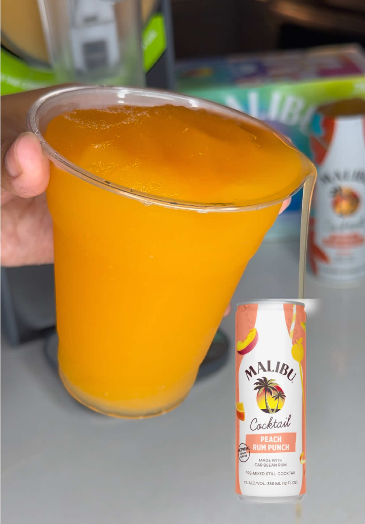 Rum Punch Slushie using Malibu Cocktails was so good🍑 You can even add a shot on top👀 Spiked drinks typically take longer to slush, but my @Inoviva is🔥 Only took a little under 15 minutes and gave me the perfect consistency! Don’t forget mine is on sale rn on my page🥳 Ingredients- 4 Malibu Peach Rum Punch 2 cups Cold Simply Peach Would you try this!? #rumpunch #maliburum #slushi #inovivaslushie #inoviva 