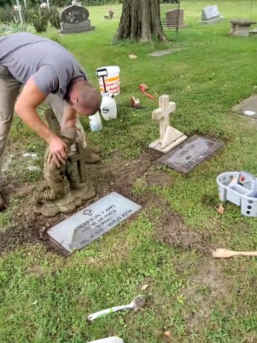 Flat military markers can often times settle and be lost beneath the soil. While resetting the stone is always best, an edging and cleaning can also make a big difference.  #military #headstonecleaning #cleaning #gravestone #cemetery 