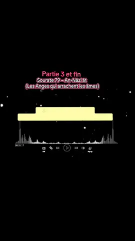 partie 3 et Fin  🔹 Versets 34 à 41 : La séparation des destins Le jour de la Grande Catastrophe (al-ṭāmmah al-kubrā), chacun se rappellera de ses œuvres. L’Enfer sera exposé aux rebelles. Celui qui a suivi ses passions et préféré la vie d’ici-bas : son refuge sera l’Enfer. Celui qui a craint Allah et maîtrisé son âme : son refuge sera le Paradis. ➡️ Tout dépendra du choix de l’homme : suivre ses passions ou se tourner vers Allah. 🔹 Versets 42 à 46 : Le secret de l’Heure Les mécréants demandent au Prophète ﷺ : « Quand viendra l’Heure ? » Allah lui rappelle que la connaissance de son moment exact n’appartient qu’à Lui. La mission du Prophète ﷺ est seulement d’avertir. Quand elle arrivera, les gens auront l’impression que leur vie d’ici-bas n’a duré qu’une soirée ou un matin. ➡️ La vie terrestre est insignifiante comparée à l’éternité de l’au-delà.