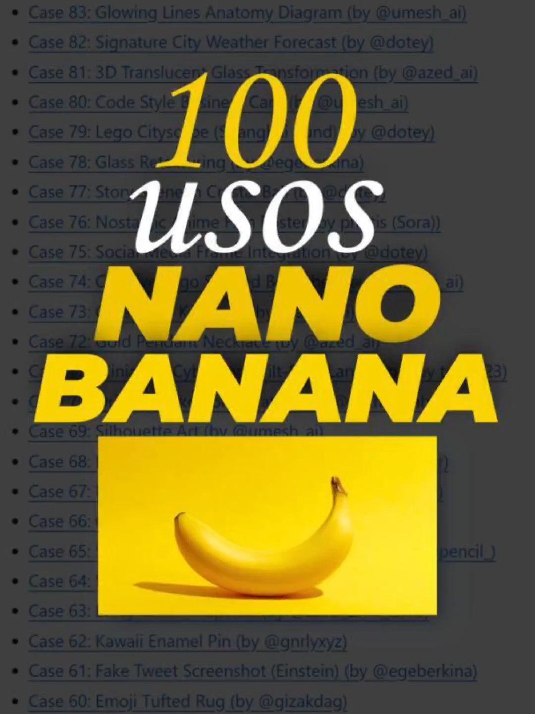 100 casos de uso reales de Nanobanana 🍌 (gratis en GitHub) ¿Buscas inspiración para generar imágenes con IA? 🚀 Este repositorio recopila 100 ejemplos reales creados con Nanobanana, con imágenes fotorrealistas, prompts replicables y creaciones complejas listas para probar. #IA #inteligenciaartificial #OpenAI #Gemini #Nanobanana #Google