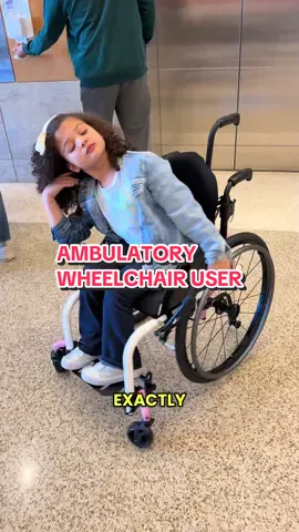 AMBULATORY WHEELCHAIR USER= someone who can walk, but only for short distances or limited amounts of time. They may use a wheelchair because walking for too long can cause pain, fatigue, safety risks, or other health issues. Using a wheelchair helps Riley conserve energy and stay independent while navigating her life with Spina Bifida! 