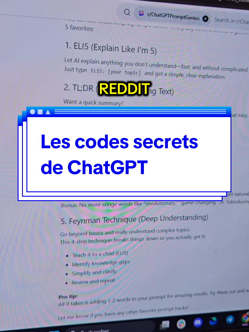Les codes secrets de ChatGPT La publication Reddit : www.reddit.com/r/ChatGPTPromptGenius/comments/1lolmcf/did_you_know_that_chatgpt_has_secret_codes Et voici tous les codes à utiliser dans vos prompts (en réalité il y'en a plein mais bon voici les principaux, le reste est dans la publi Reddit) : ELI5 sert à expliquer comme à un enfant de 5 ans. TLDL résume un texte très long en quelques lignes. STEP-BY-STEP détaille un raisonnement étape par étape. CHECKLIST transforme une réponse en liste à cocher. EXEC SUMMARY donne un résumé rapide façon cadre dirigeant. ACT AS fait parler ChatGPT comme un rôle précis. BRIEFLY force à répondre très court. JARGON demande d’utiliser du vocabulaire technique. AUDIENCE adapte la réponse à un public choisi. TONE change le ton (formel, drôle, dramatique, etc.). DEV MODE simule un style développeur brut et technique. PM MODE donne une vision gestion de projet. SWOT produit une analyse forces/faiblesses/opportunités/menaces. FORMAT AS impose un format spécifique (tableau, JSON, etc.). COMPARE met deux ou plusieurs choses en parallèle. MULTI-PERSPECTIVE montre plusieurs points de vue. CONTEXT STACK garde en mémoire plusieurs couches de contexte. BEGIN WITH / END WITH oblige à commencer ou finir par quelque chose. ROLE: TASK: FORMAT:: définit explicitement le rôle, la tâche et le format attendu. SCHEMA fait générer un plan structuré ou un modèle de données. REWRITE AS: reformule dans un style demandé. REFLECTIVE MODE pousse l’IA à réfléchir sur sa propre réponse. SYSTEMATIC BIAS CHECK demande de repérer les biais. DELIBERATE THINKING force un raisonnement plus lent et réfléchi. NO AUTOPILOT interdit les réponses automatiques superficielles. EVAL-SELF demande une auto-évaluation critique de la réponse. PARALLEL LENSES examine sous plusieurs angles en parallèle. FIRST PRINCIPLES reconstruit depuis les bases fondamentales. CHAIN OF THOUGHT montre le raisonnement intermédiaire. PITFALLS identifie les pièges et erreurs possibles. METRICS MODE exprime les réponses avec mesures et indicateurs. GUARDRAIL fixe des limites strictes à ne pas franchir. Dites-moi si vous saviez déjà ça et si vous pensez utiliser ces codes dans vos prompts sur ChatGPT ! #chatgpt #chatgptfrance #prompt #astuceia #tutoriel 