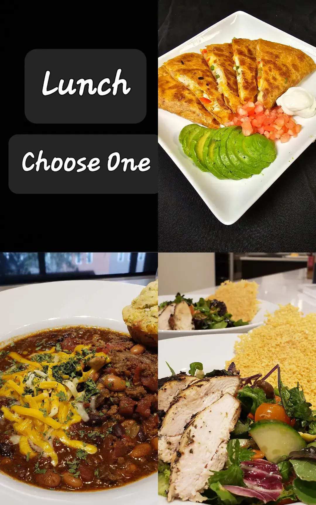 It's lunch time please make you selection 1. Chipotle Chicken Quesadilla 2. Five Alarm Chili with Jalapeños Cheddar Cornbread 3. Mixed Green Grilled Chicken Salad with  Parmesan Crisp Which one do you want? #creatorsearchinsights #tiktokfood #culinaryicon #lunchideas 