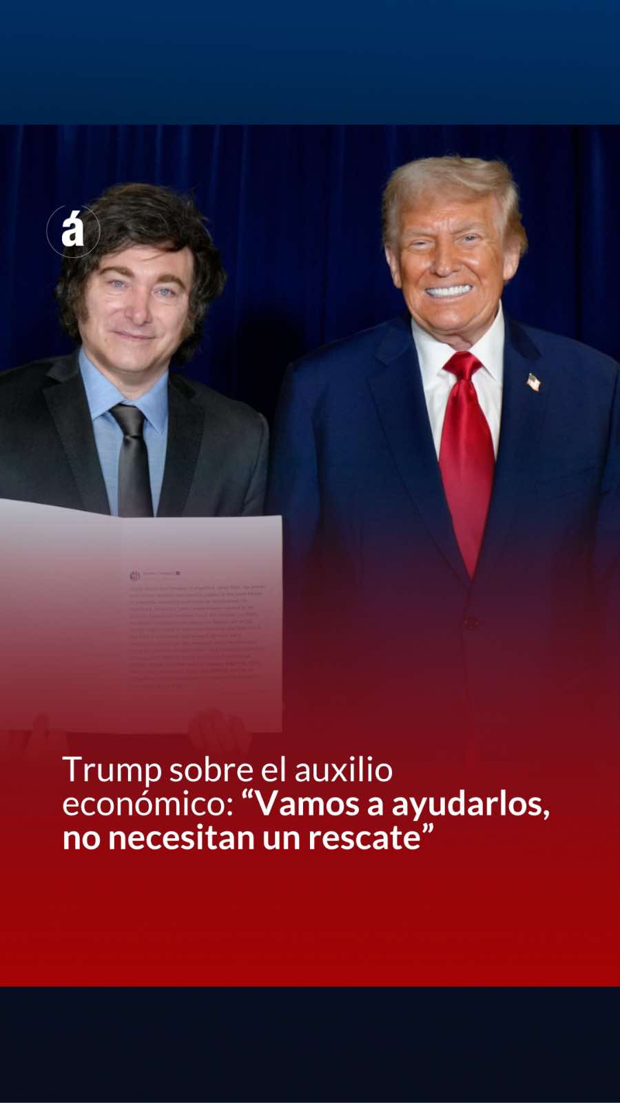 TRUMP SOBRE EL AUXILIO ECONÓMICO: “VAMOS A AYUDARLOS, NO NECESITAN UN RESCATE” 🇺🇸 El presidente Javier Milei se reunió en Estados Unidos con su par Donald Trump en medio del respaldo que el líder republicano expresó a su gestión frente a la inestabilidad de los mercados en Argentina. 🗣️ “Vamos a ayudarlos, no necesitan un rescate”, afirmó Donald Trump sobre el auxilio económico.  Más información en ambito.com