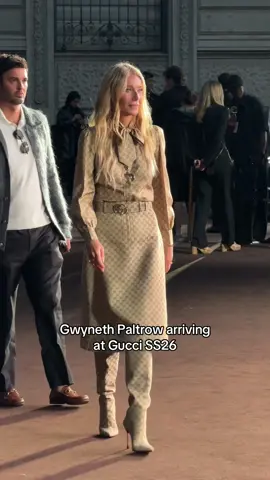 Gwyneth Paltrow arrives at the @Gucci SS26 event in Milan 🤌 #DazedFashionTV #MFW #TikTokFashion #Gucci #GwynethPaltrow