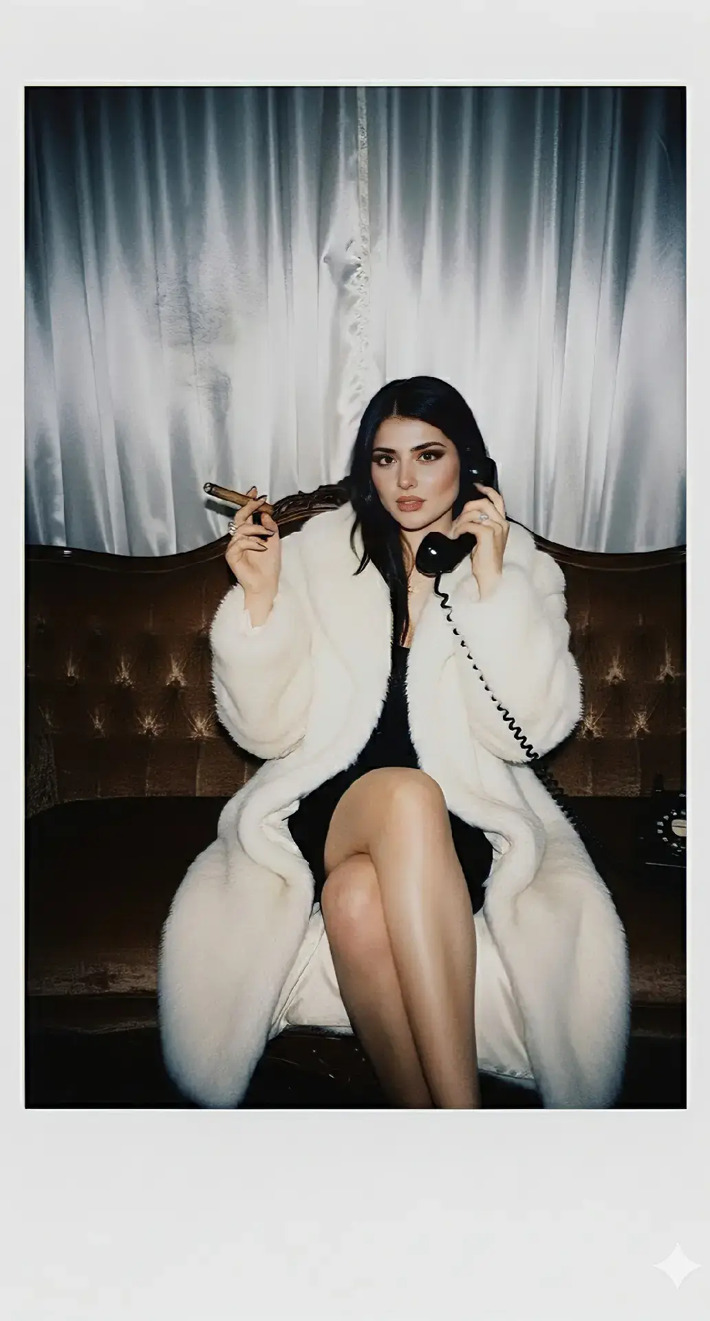 1.Take a photo taken with a Polaroid camera. The photo should look like an ordinary photograph, with a slight blur and a consistent light source, like a flash in a dark room. Keep the real face unchanged. Change the background behind me to white curtains. Show me sitting on a vintage sofa, wearing a luxurious long fur coat. In my right hand I am holding a lit cigar with smoke rising, and with my left hand I am holding the receiver of a retro rotary phone in black color. My pose should look confident and elegant, with a cinematic old-Hollywood style atmosphere. 2.Take a photo taken with a Polaroid camera. The photo should look like an ordinary photograph, with a slight blur and a consistent light source, like a flash in a dark room. Keep the real face unchanged. The person is sitting on stairs, wearing a long brown fur coat, sheer black tights, and dark red high heels. Change the background behind me to white curtains. 3.Take a photo taken with a Polaroid camera. The photo should look like an ordinary photograph, with a slight blur and a consistent light source, like a flash in a dark room. Keep the real face unchanged. The person is sitting in a cinema seat, wearing a long leopard-print coat, sheer black tights, and red high heels, holding a striped popcorn box. Change the background behind me to white curtains. #gemini #Polaroid #girls #اكسبلورexplore #fyp 