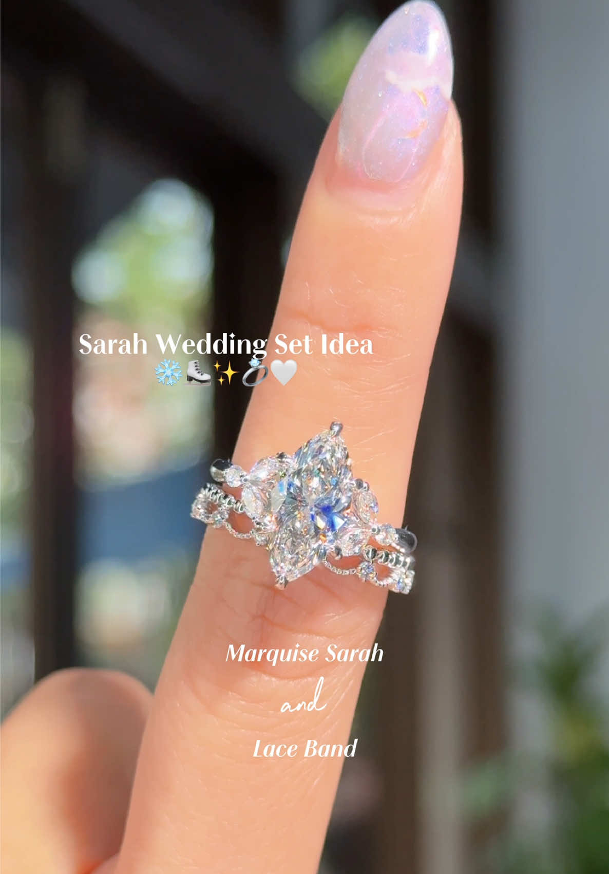 An iced out white gold engagement ring & wedding band set, complete with thoughtful feminine details ✨ 💍 2.36ct D-VS1 Marquise Lab Diamond Sarah Engagement Ring – $4,649 💎 3.3mm Lace Wedding Band – $1,199 The dreamiest combo 🥰 💌 Send this to someone who needs a hint 😉 💖 Save this post for reference! 🛍️ Shop now at PrincessBrideDiamonds.com