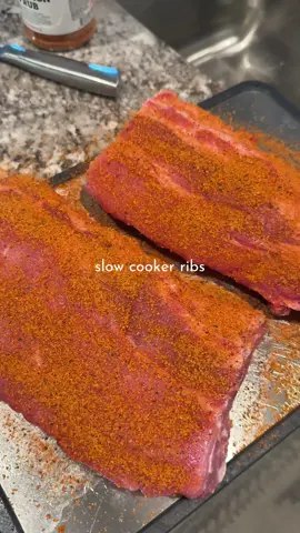 crockpot ribs an easy Sunday dinner Half your slab of ribs & take off the membrane on the back. Rub them all over with your fav bbq rub. Add them to a crockpot on low for 6-8 hour. Then take them out, lather them with your fav bbq sauce (of course baby rays) & lemon pepper TRUST ME. Add to an air fryer for 2-3 minutes or the oven just to get crispy. ENJOY! #sundaydinner #weeknightdinner #crockpotrecipes #recipesoftiktok 