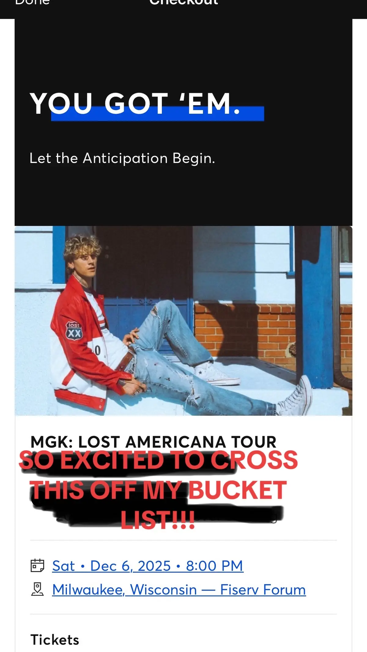 Excitement doesn’t even cover this!  Cannot wait @mgk has been on my bucket list forever #mgk #lostamericanatour #lostamericana #bucketlist #fyp 