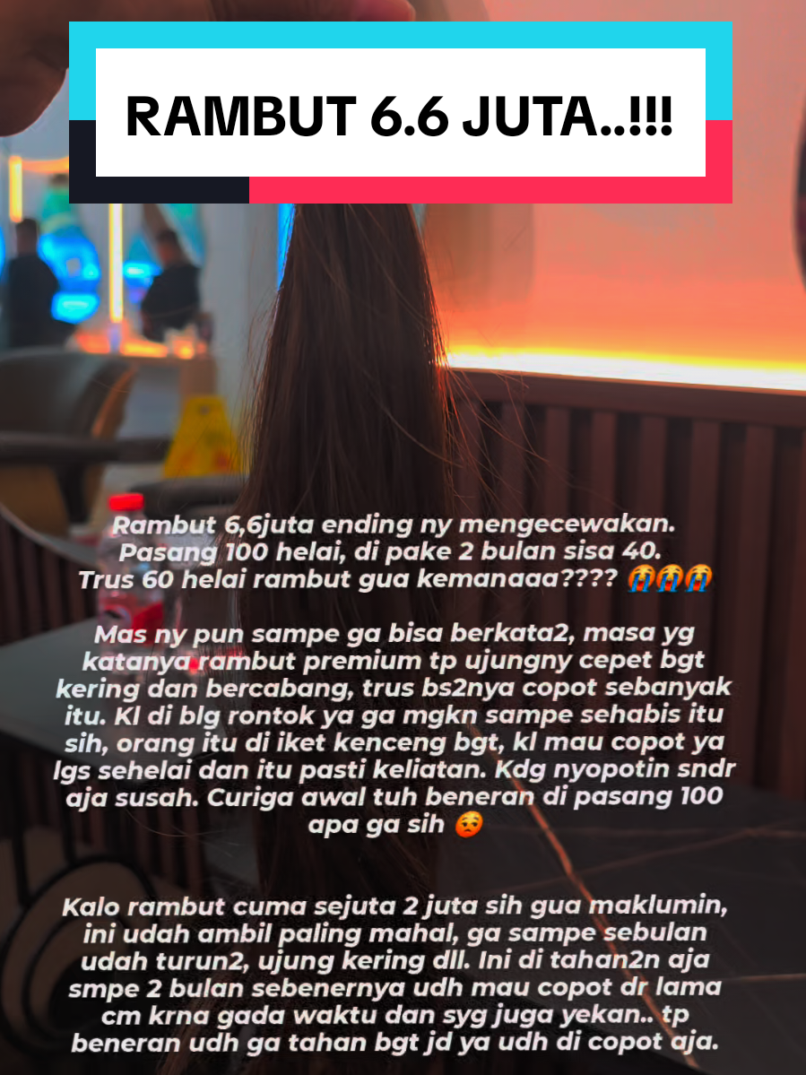Buat kalian yang berpikir mau pasang rambut extension mending pikir pikir lagi deh, gua sebulan aja udah mau gua copot tuh rambut.. bener2 buang buang duit.. awal pasang extension biar keliatan tebel, yg ada udahan rambut asli gua pada rontok smpe ada botak sekarang makin tipis, dan susah banget buat nebelin nya 😭 dulu nyari2 testimoni atau after extension ga nemu konten nya, jadi gua pikir yaa gada masalah.. ternyta pas udah pasang diriku menyesal 😭 mending pakai hair clip aja udah.  berdasrkan pengalaman pribadi pakai extension lebih banyak gak enak nya 1. keramas jadi lebih lama, kl rambut basah kepala jadi berasa berat 2. keringin nya luaamaaaa.. biasa cuma butuh 4 menit, kl pakai extension bs 10menit lebih 3. rontok banyak mau asli atau palsu jg rontok 4. kl mau copot extension bayar lagi dan di hitung perhelai dan itu perlu maintenance bbrp minggu sekali karna lama2 turun shay 5. kl ke salon buat keringin rmbut/styling bayar double krna pakai extension 6. kl nyisir agak susab ga bs dr atas, suka nyangkut nyangkut coba tambahin apa lagi.... #hairextension #reviewhairextension #testimonihairextension #review #rambutsambung 