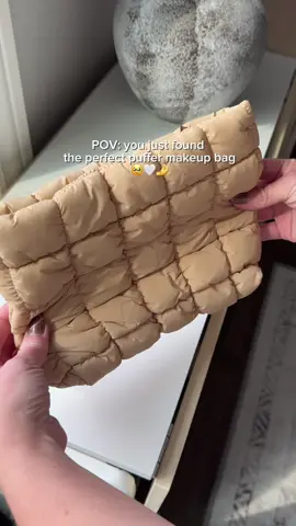 She is perfect 🤍🤌 tap the yellow shopping cart cart to shop! #makeupbag #makeuplover #aesthetic #puffer #selflove 