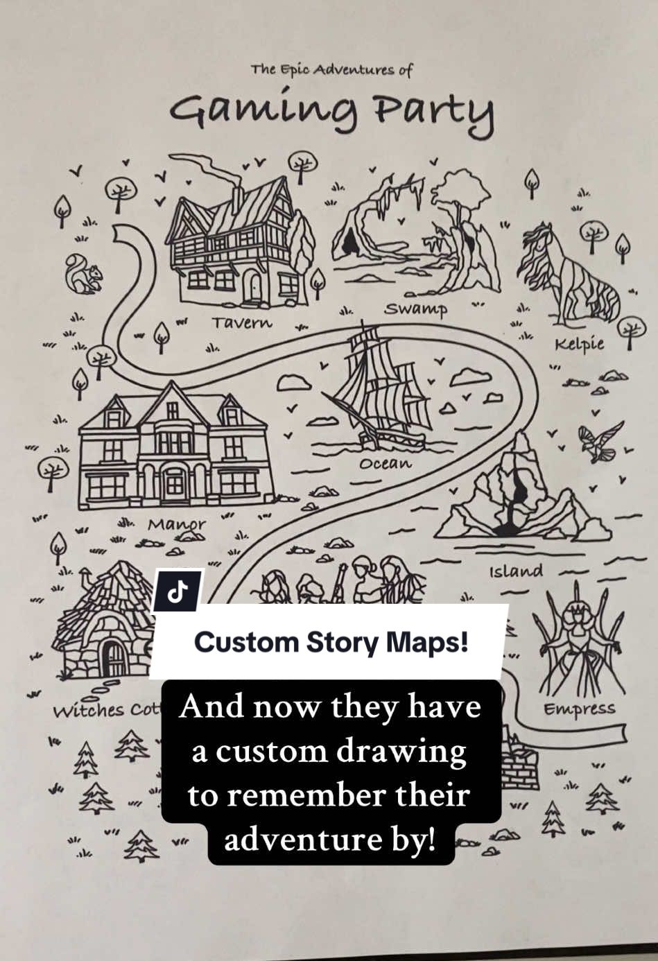 Do you like this idea? Relationship maps are custom drawings that show the journey of a couple: where they met, got engaged/married, bought a house, had kids etc. it becomes a map of the couples relationship journey.  And I thought, why not apply that to an adventuring party? What a great momento to remember the highlights of a ttrpg campaign! This custom drawing for some friends was a HUGE hit at their final session.  #fantasyart #dungeonsanddragons #ttrpg #adventuring #dnd