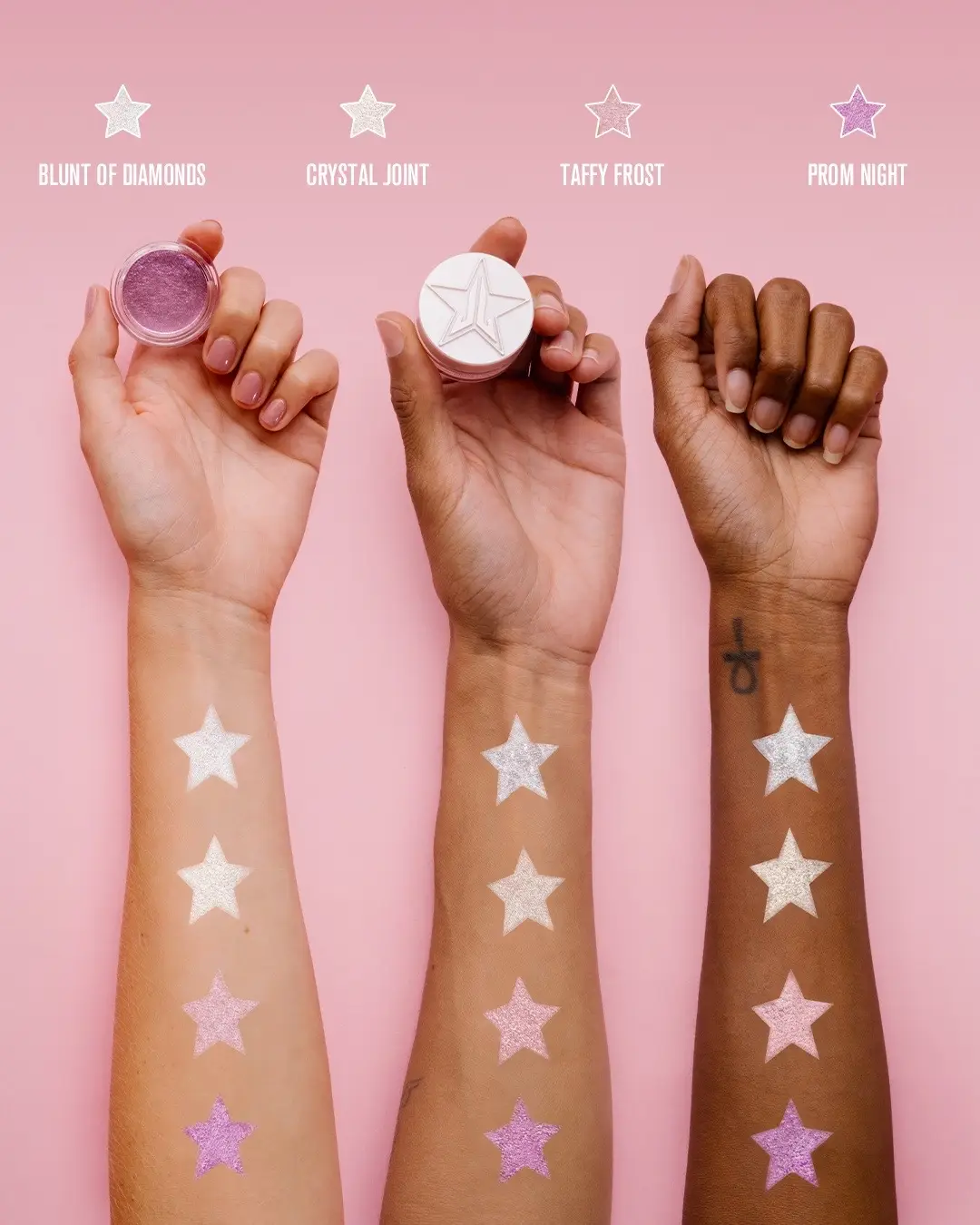 Available in 4 must-have shades ⤵️⁠ 💎 Blunt of Diamonds⁠ 💨 Crystal Joint⁠ 🍬 Taffy Frost⁠ 💜 Prom Night (NEW!)⁠ ⁠ #jeffreestar #jeffreestarcosmetics #eyegloss #eyeshadow 