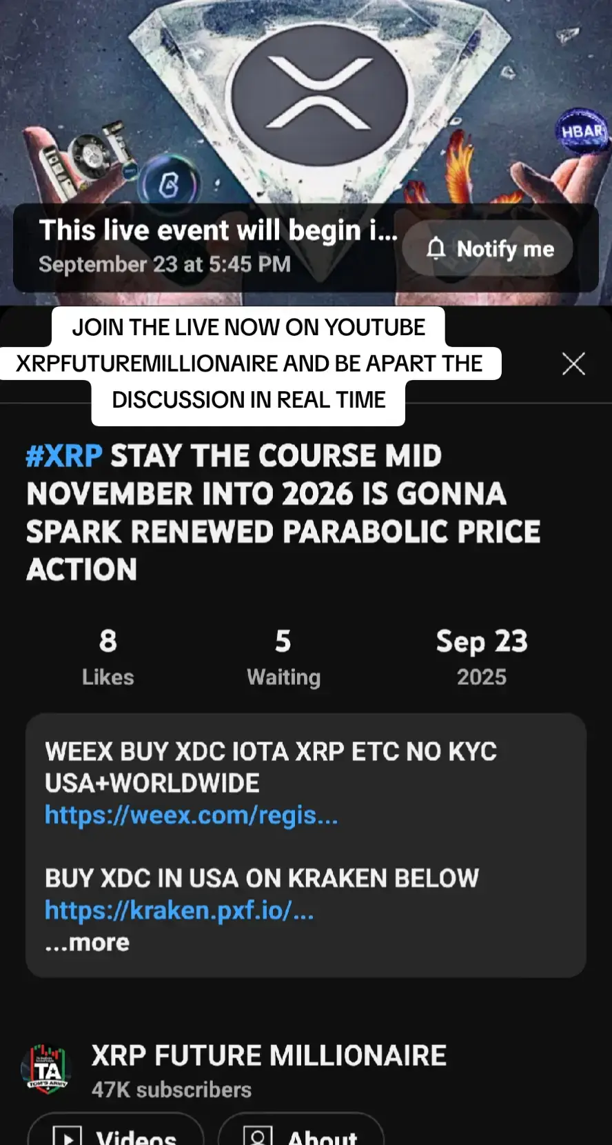JOIN THE LIVE NOW ON YOUTUBE XRPFUTUREMILLIONAIRE AND BE APART THE DISCUSSION IN REAL TIME