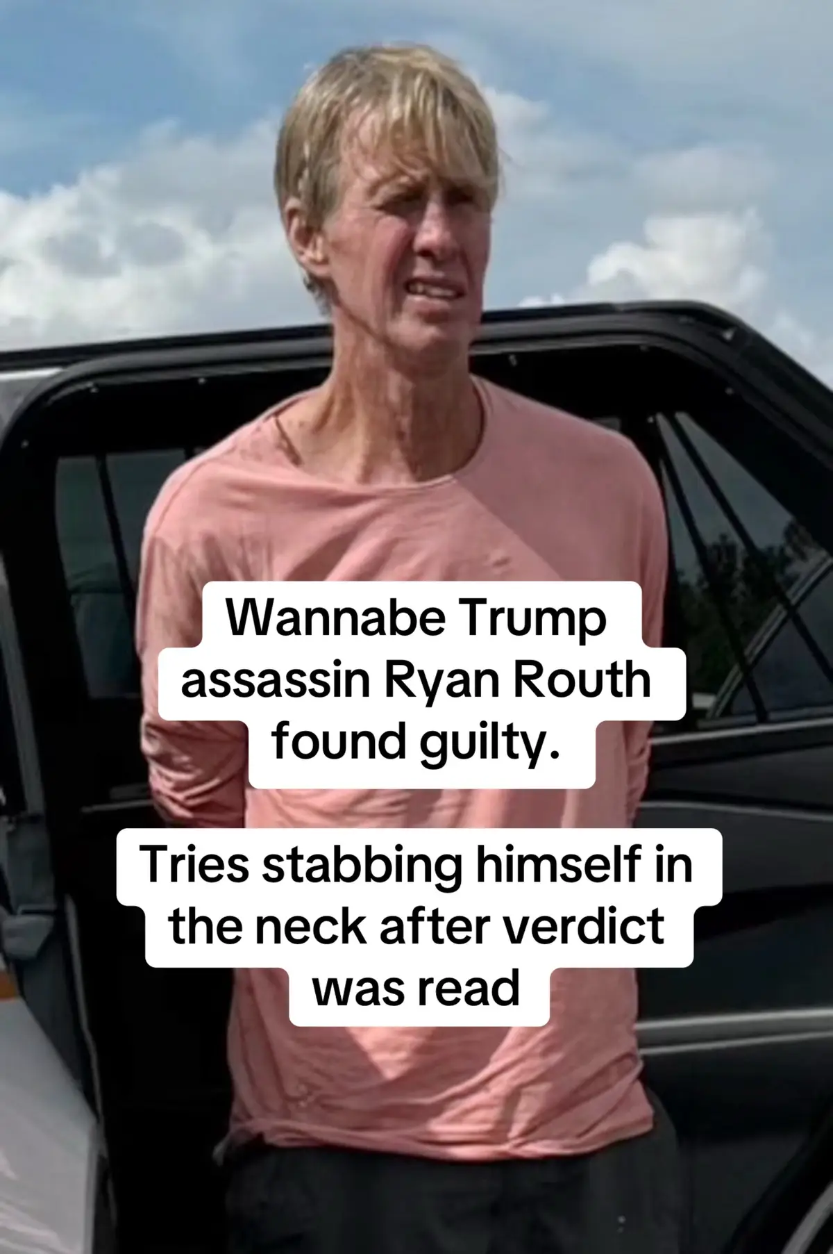 THERE IS NO ROOM FOR POLITICAL VIOLENCE! Ryan Routh, the wannabe Trump assassin, tried to stab himself in the neck with a pen after being found guilty on five federal counts.  -attempted assassination of a major presidential candidate -possessing a firearm  -assaulting a federal officer -felon in possession of a firearm and ammunition -possession of a firearm with an obliterated serial number