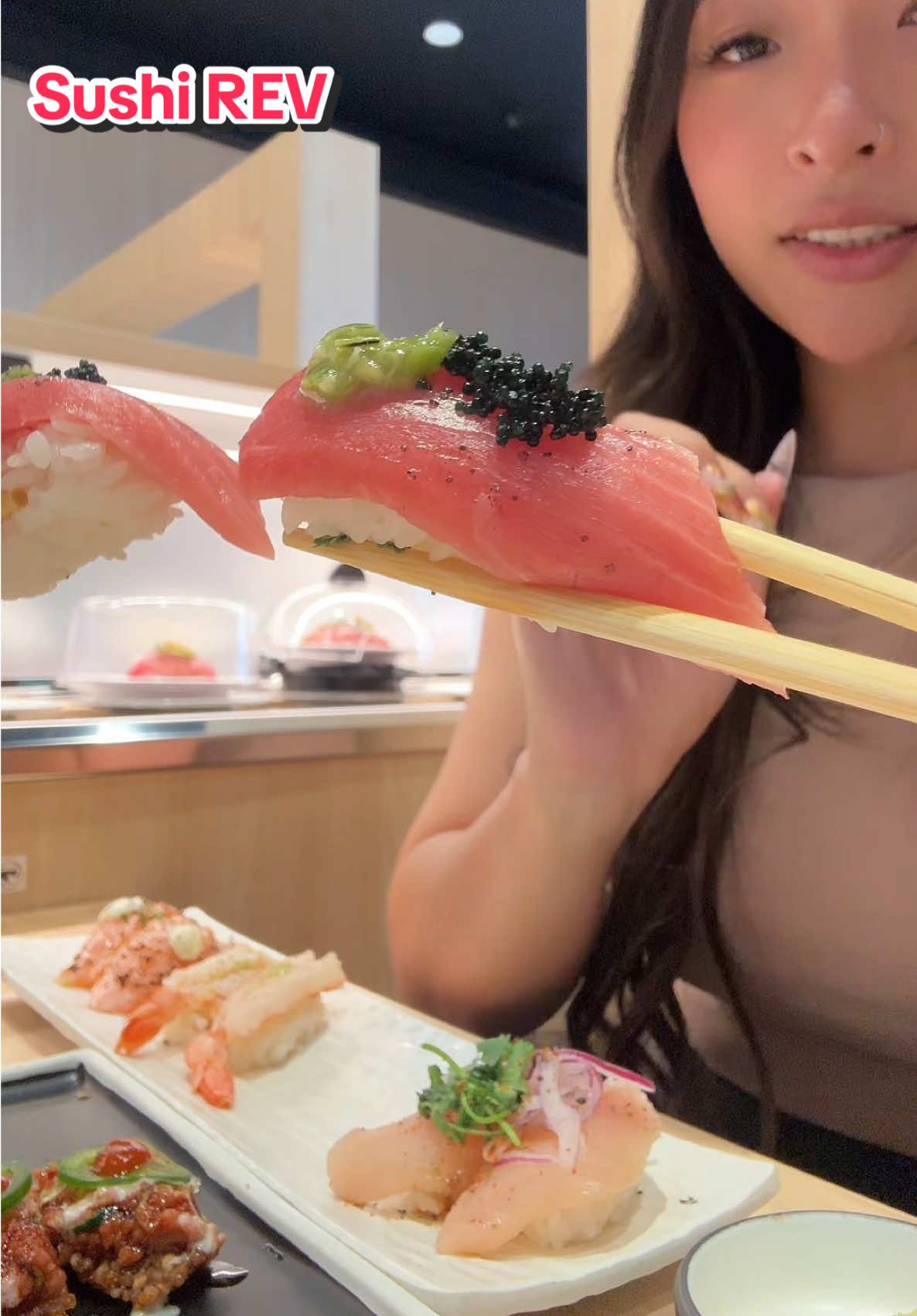 Trying a new revolving sushi spot in Orange County! 🍣 Sushi REV @sushirev  📍 13262 Jamboree Rd   Irvine, CA 92602 #sushi #sushilover #sushimukbang #revolvingsushi #conveyorbeltsushi 