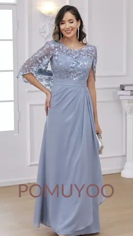 Dusty Blue Delicate Scoop Cape Lace Long Chiffon Mother of the Bride Dresses#bluewedding💙 #bluedress #wedding #weddinginspo2026 #chiffondress👗 #mobdresses #momdress #lacedress 