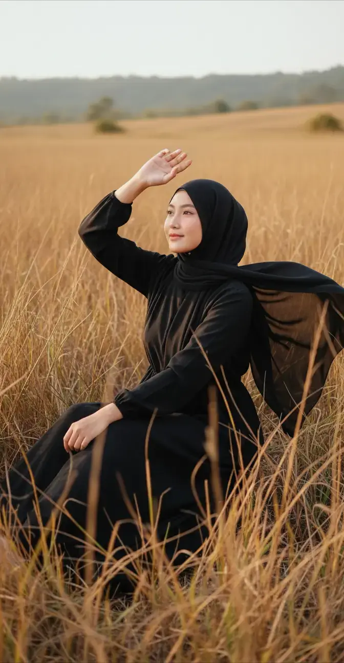 Seorang perempuan Indonesia muda cantik berkulit cerah duduk di tengah padang ilalang tinggi coklat keemasan yang kering, dengan cahaya matahari sore (golden hour) yang hangat menyinari wajahnya. ia memakai dress panjang berwarna hitam. memakai hijab panjang hitam, tertiup angin. ekspresi wajah tenang serta tersenyum dan suasana tidak melihat kamera. satu tangan didekatkan keatas kepala melindungi sinar matahari yang silau. latar belakang yang kontras dengan warna tanah kecoklatan oadang rumput. suasana foto terasa melankolis, artistik, dengan nuansa dramatis dan estetik khas potret editorial (jangan merubah wajah asli) lighting: natural golden hour mood: dreamy, melancholic, serene pose: duduk, relaxed expression setting: wide open dry grass field, golden brown tones camera angel: low angel dari samping di halangi rerumputan yang tinggi terlihat agak blur, wajah si wanita terlihat jelas style: cinematic, editorial fashion photography, moody aesthetic foto 9:16 4k